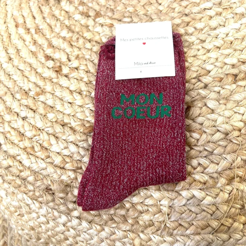 Chaussettes paillettes "Mon Coeur" - bordeaux - sans-taille