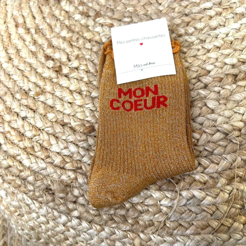 Chaussettes paillettes "Mon Coeur" - moutarde - sans-taille