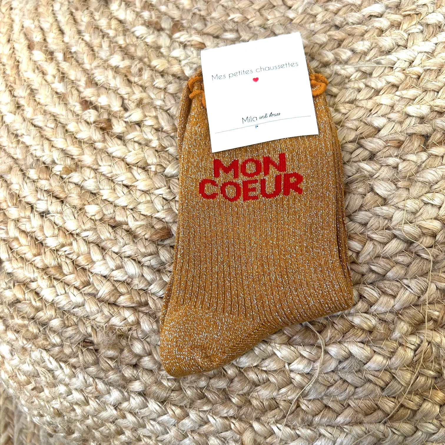 Chaussettes paillettes "Mon Coeur" - moutarde - sans-taille
