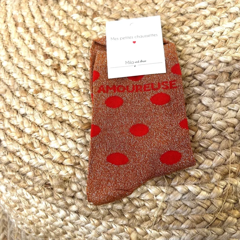 V313- Chaussettes paillettes "Amoureuse" - rouille - sans-taille