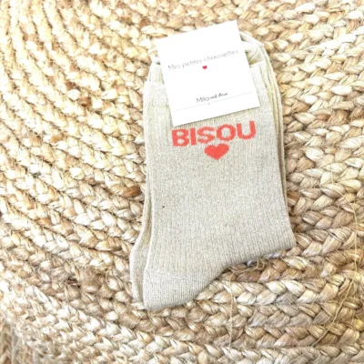 V317- Chaussettes paillettes "Bisou" - beige - sans-taille