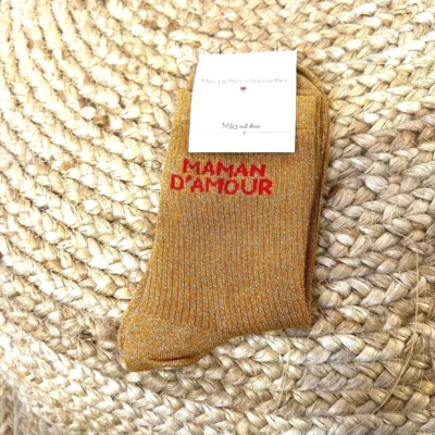 V315- Chaussettes paillettes "Maman d'Amour" - moutarde - sans-taille