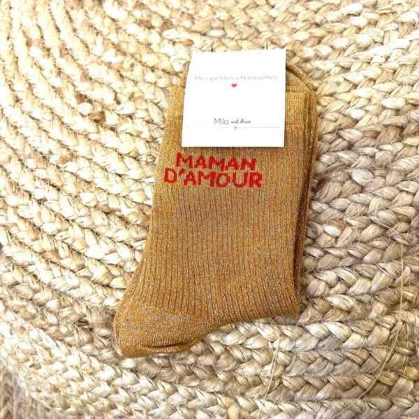 V315- Chaussettes paillettes "Maman d'Amour" - moutarde - sans-taille