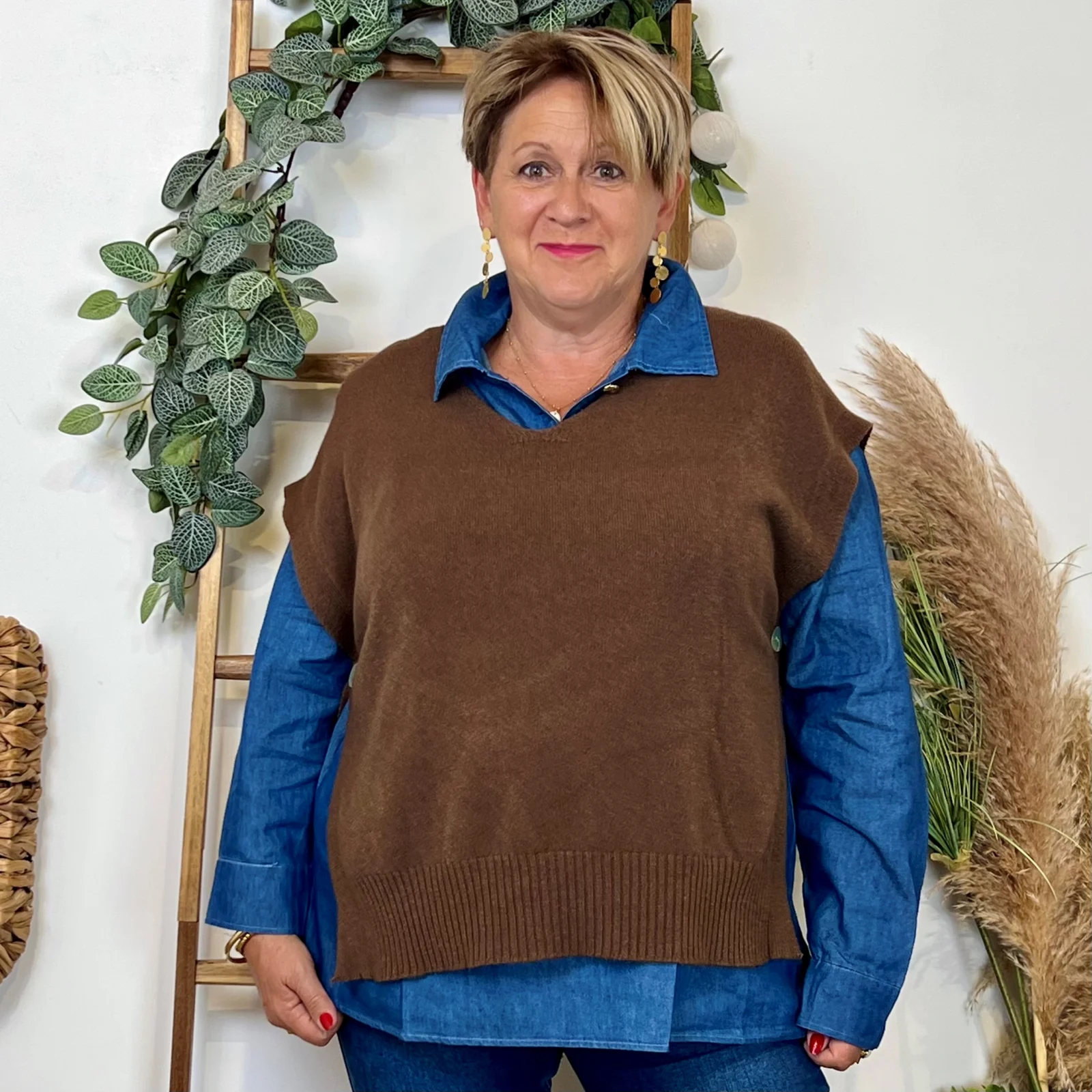 Pull sans manches femme col V - marron - taille-unique-grande-taille