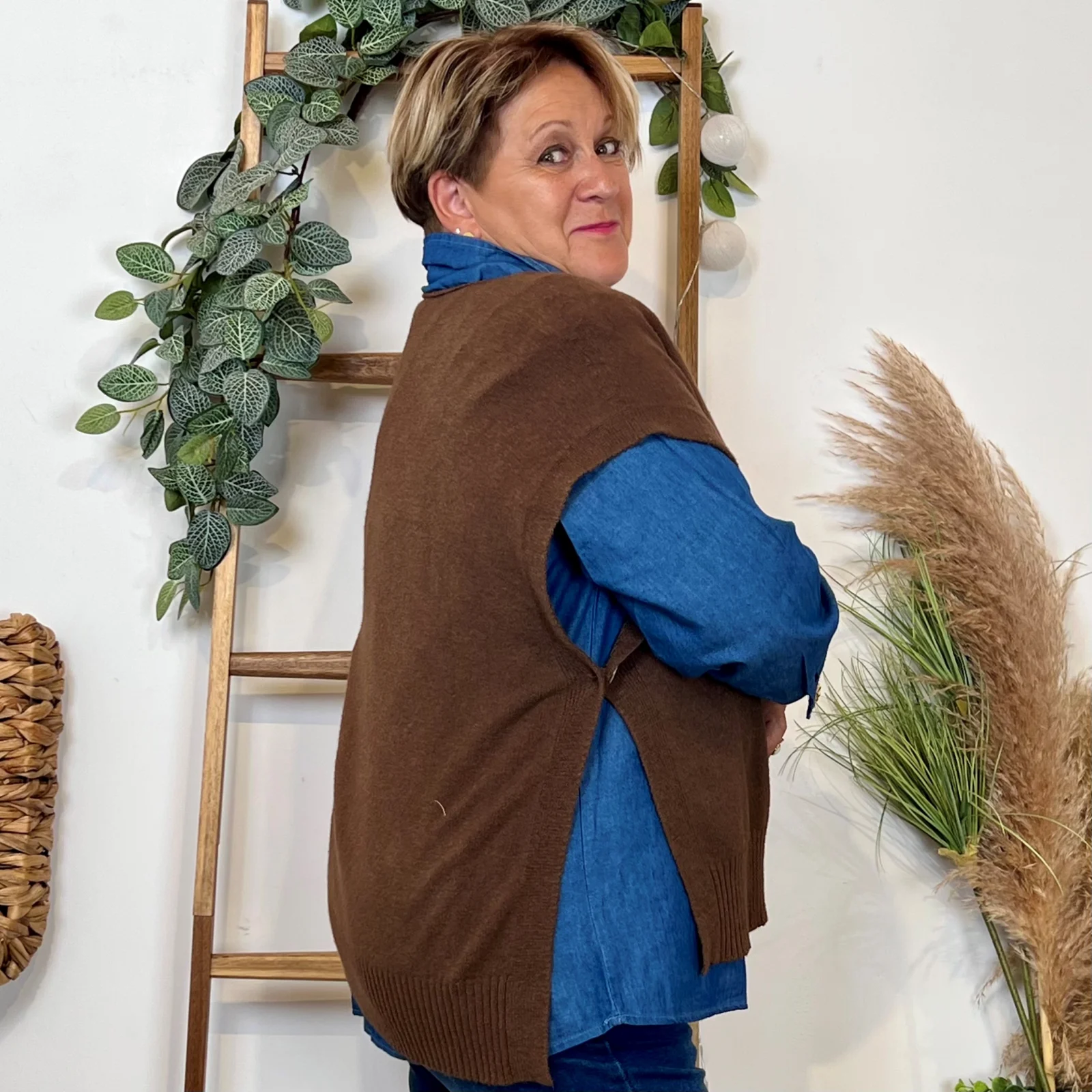 Pull sans manches femme col V - marron - taille-unique-grande-taille