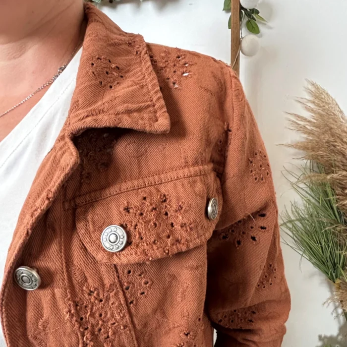 Veste courte femme en coton brodé « Tendance » - rouille-brick - 42