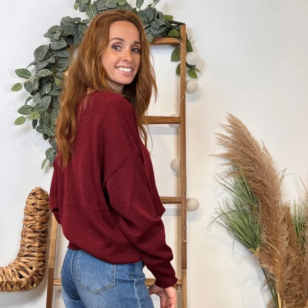 K088- Pull col en V Lurex Version Féminin - bordeaux - taille-unique