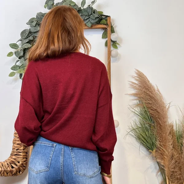 K088- Pull col en V Lurex Version Féminin - bordeaux - taille-unique