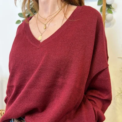 K088- Pull col en V Lurex Version Féminin - bordeaux - taille-unique