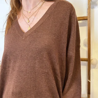 K088- Pull col en V Lurex Version Féminin - marron - taille-unique