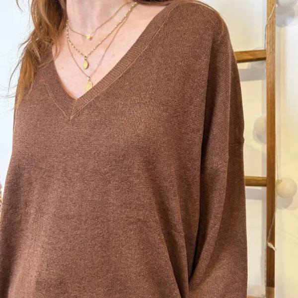 K088- Pull col en V Lurex Version Féminin - marron - taille-unique