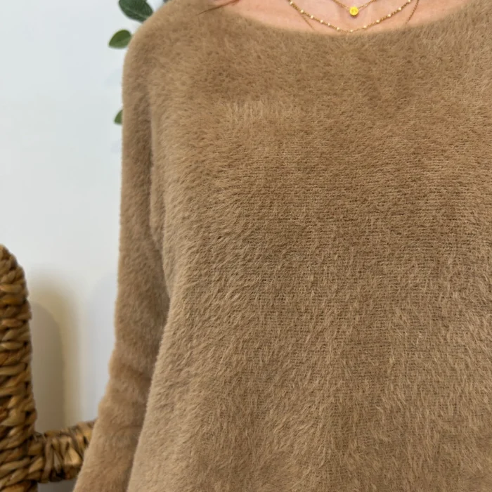 Pull court femme matière doudou col bateau « Tendance » - camel - taille-unique