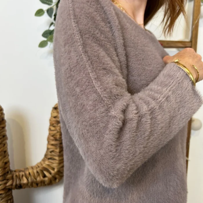 Pull court femme matière doudou col bateau « Tendance » - taupe - taille-unique