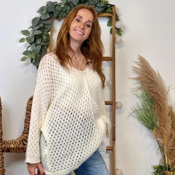 I912 - Pull maille ajourée (TU) - ecru - taille-unique