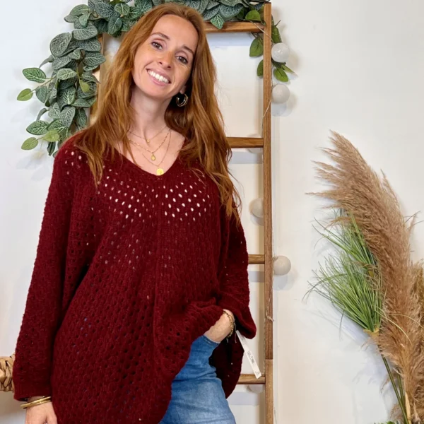 I912 - Pull maille ajourée (TU) - bordeaux - taille-unique
