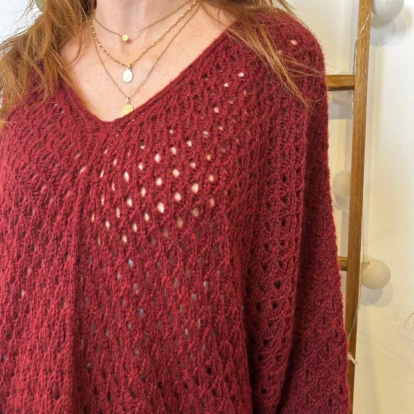 I912 - Pull maille ajourée (TU) - bordeaux - taille-unique
