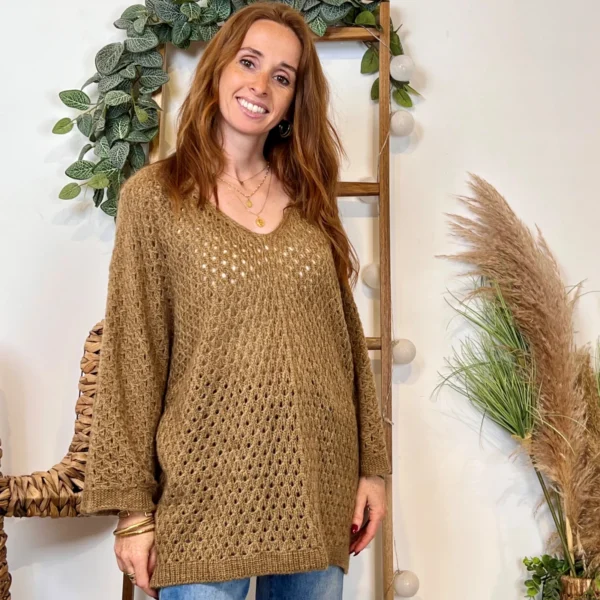 I912 - Pull maille ajourée (TU) - camel - taille-unique