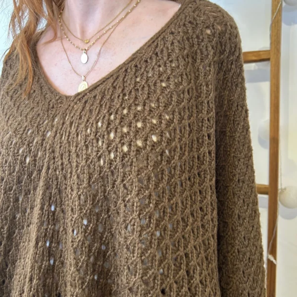 I912 - Pull maille ajourée (TU) - marron - taille-unique