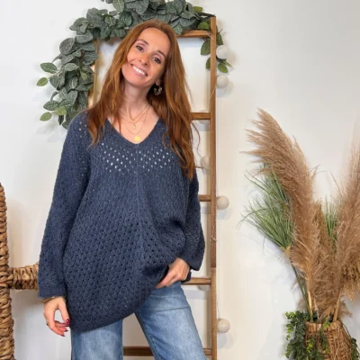 I912 - Pull maille ajourée (TU) - bleu-jeans - taille-unique