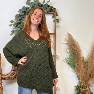 I912 - Pull maille ajourée (TU) - kaki - taille-unique