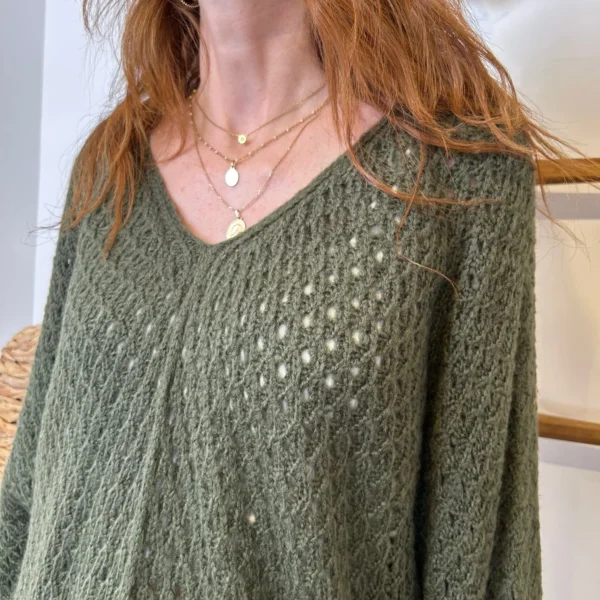 I912 - Pull maille ajourée (TU) - kaki - taille-unique