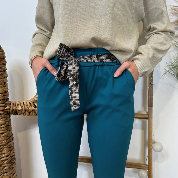 Pantalon stretch femme ceinture fantaisie T36-T50 - bleu-canard - 50