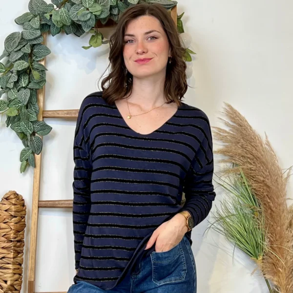 K103- Pull léger rayé et lurex ) 🇮🇹 - marine - taille-unique