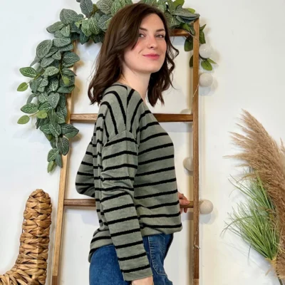 K103- Pull léger rayé et lurex ) 🇮🇹 - kaki - taille-unique