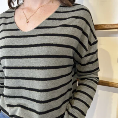 K103- Pull léger rayé et lurex ) 🇮🇹 - kaki - taille-unique