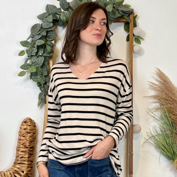 K103- Pull léger rayé et lurex ) 🇮🇹 - beige - taille-unique