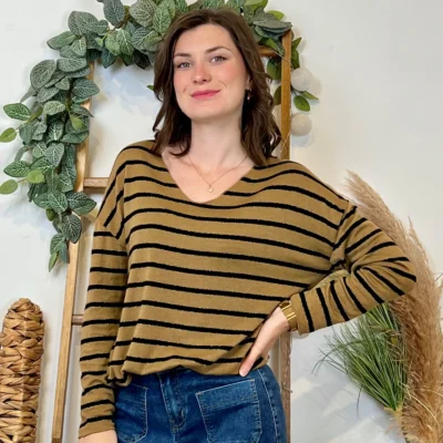 K103- Pull léger rayé et lurex ) 🇮🇹 - camel - taille-unique