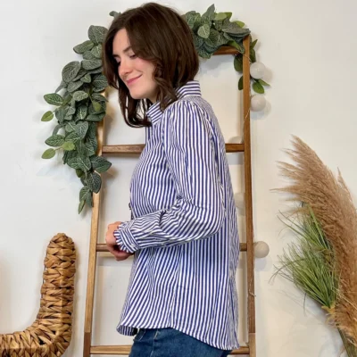 K115- Blouse Rayée en coton (T36-t38) - bleu-indigo - 38