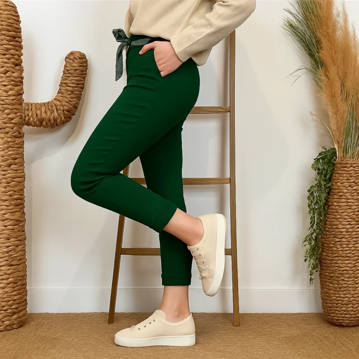 Pantalon stretch femme ceinture fantaisie T36-T50 - vert-sapin - 50
