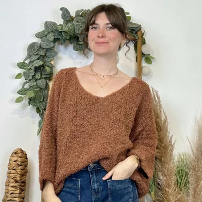 K064- Pull Oversize Maille Bouclette 🇮🇹 - rouille - taille-unique