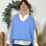 Pull femme col V maille douce « Tendance » - bleu-ciel - taille-unique-grande-taille