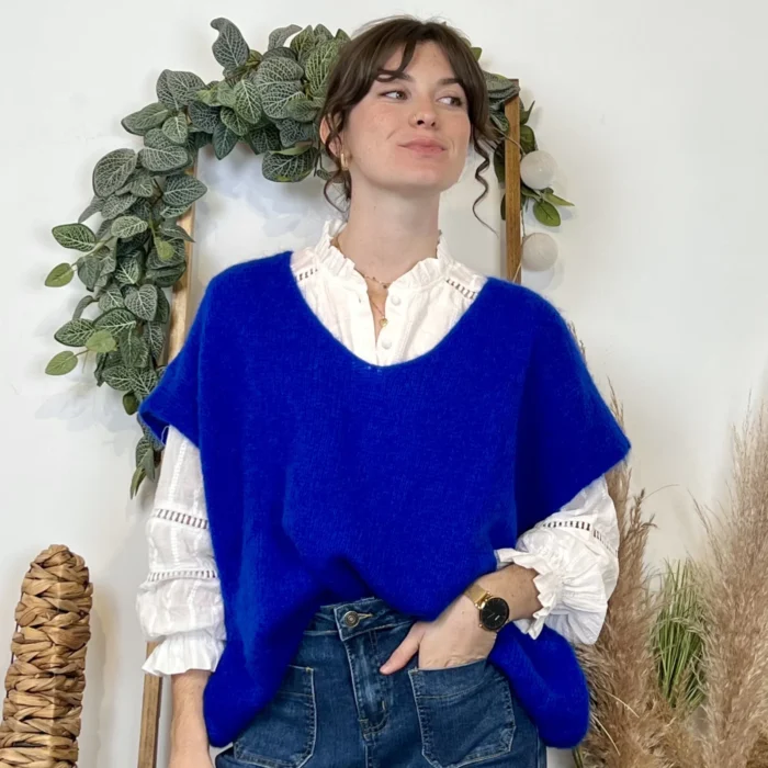 Pull femme col V maille douce « Tendance » - bleu-royal - taille-unique-grande-taille