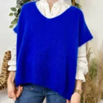 Pull femme col V maille douce « Tendance » - bleu-royal - taille-unique-grande-taille