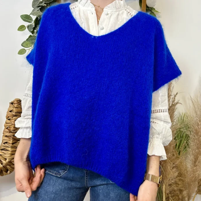 Pull femme col V maille douce « Tendance » - bleu-royal - taille-unique-grande-taille