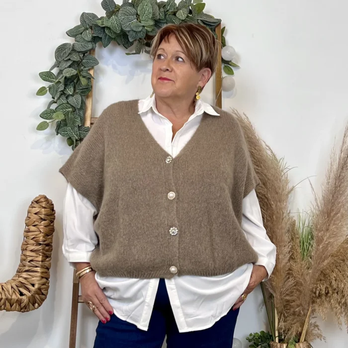 Gilet femme maille douce oversize col V - taupe - taille-unique-grande-taille