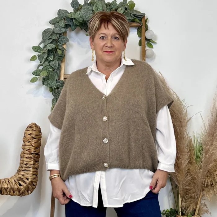 Gilet femme maille douce oversize col V - taupe - taille-unique-grande-taille