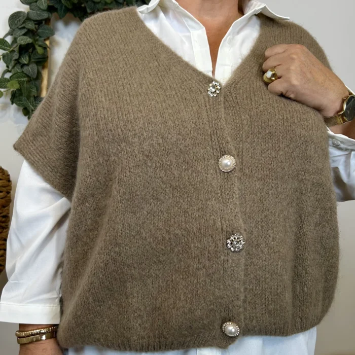 Gilet femme maille douce oversize col V - taupe - taille-unique-grande-taille