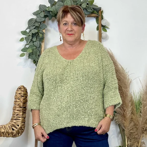 K064- Pull Oversize Maille Bouclette 🇮🇹 - vert-celadon - taille-unique