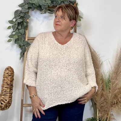 K064- Pull Oversize Maille Bouclette 🇮🇹 - ecru - taille-unique