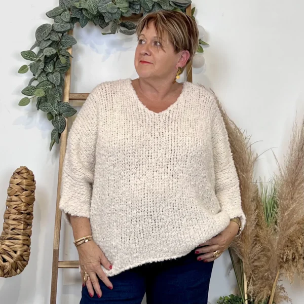 K064- Pull Oversize Maille Bouclette 🇮🇹 - ecru - taille-unique