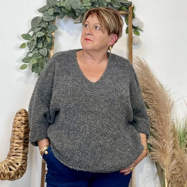 K064- Pull Oversize Maille Bouclette 🇮🇹 - gris - taille-unique