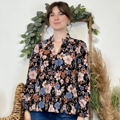 K036- Blouse By One imprimé floral - noir - 38