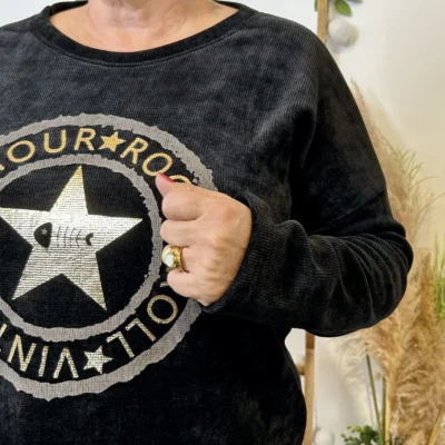 Z076- Sweat velours «Rock» (Gt) 🇮🇹 - noir - taille-unique