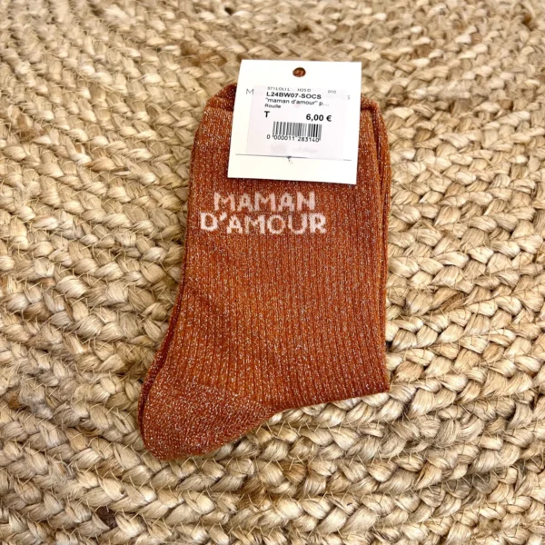 V315- Chaussettes paillettes "Maman d'Amour" - rouille - sans-taille