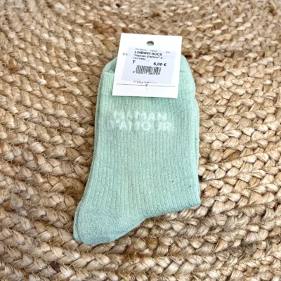 V315- Chaussettes paillettes "Maman d'Amour" - vert-deau - sans-taille
