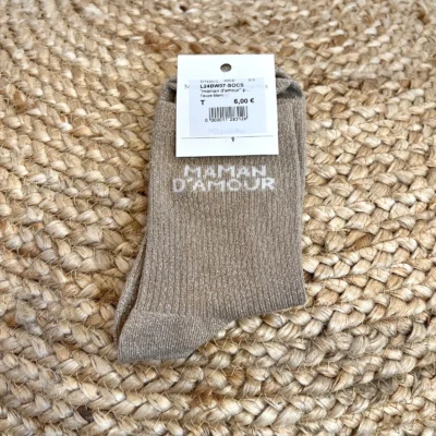 V315- Chaussettes paillettes "Maman d'Amour" - taupe - sans-taille